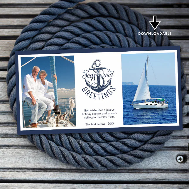 SEAS AND GREETINGS Nautical Christmas Photo Anchor Holiday Card | Zazzle