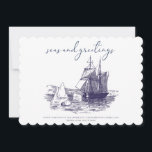 Seas and Greetings Nautical Minimal Christmas Card<br><div class="desc">Seas and Greetings Nautical Minimal Christmas Card - features a sketched sailboat on the sea. Modern script typography reads "seas and greeting" and is personalized with your family name and family members names with the year.</div>