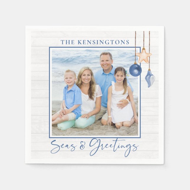 Seas and Greetings Nautical Seashell Wood Photo Napkins (Front)