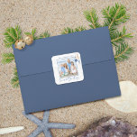 Seas and Greetings Nautical Seashell Wood Photo Square Sticker<br><div class="desc">Seas and Greetings Nautical Seashell Wood Photo Stickers featuring ocean navy blue and sandy tan shell ornaments hanging from sailing jute rope on coastal shiplap wood with elegant typography. Add your photo and name for a fun nautical holiday sticker that's perfect for all your gifts and packages. Please contact us...</div>