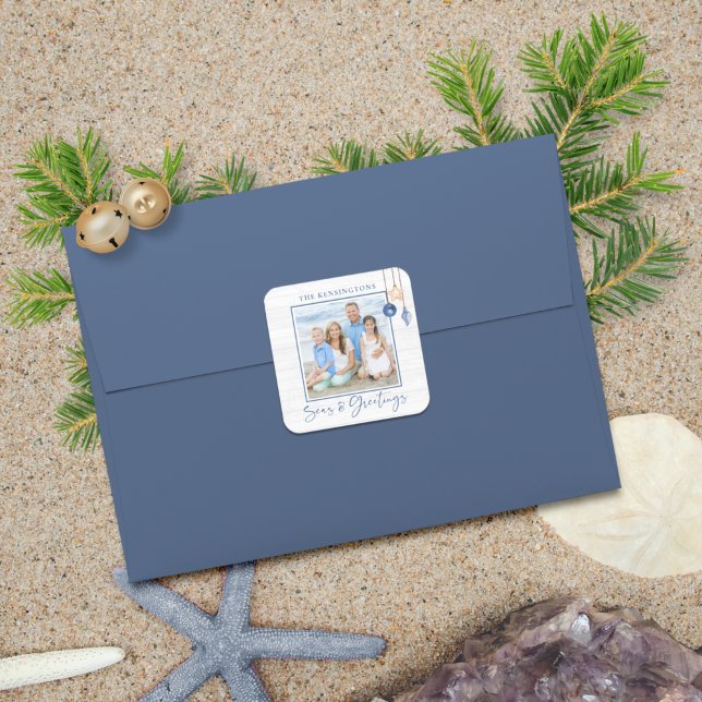 Seas and Greetings Nautical Seashell Wood Photo Square Sticker (Creator Uploaded)