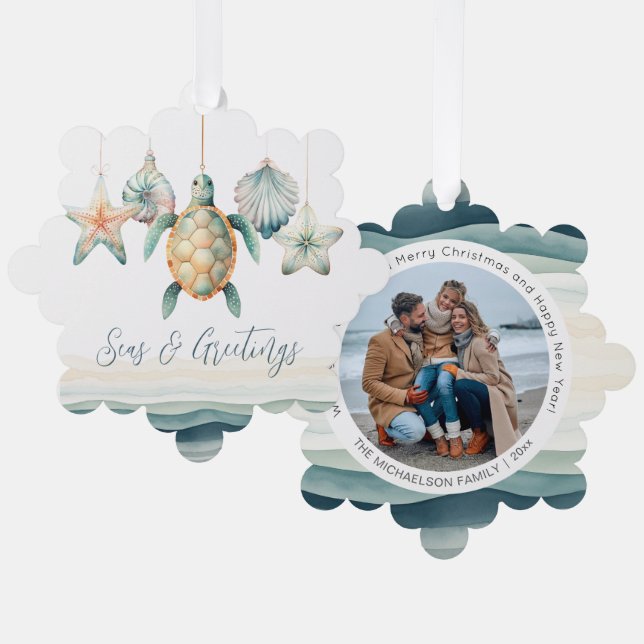 Seas and Greetings Photo Christmas Ornament  Card (Front/Back)