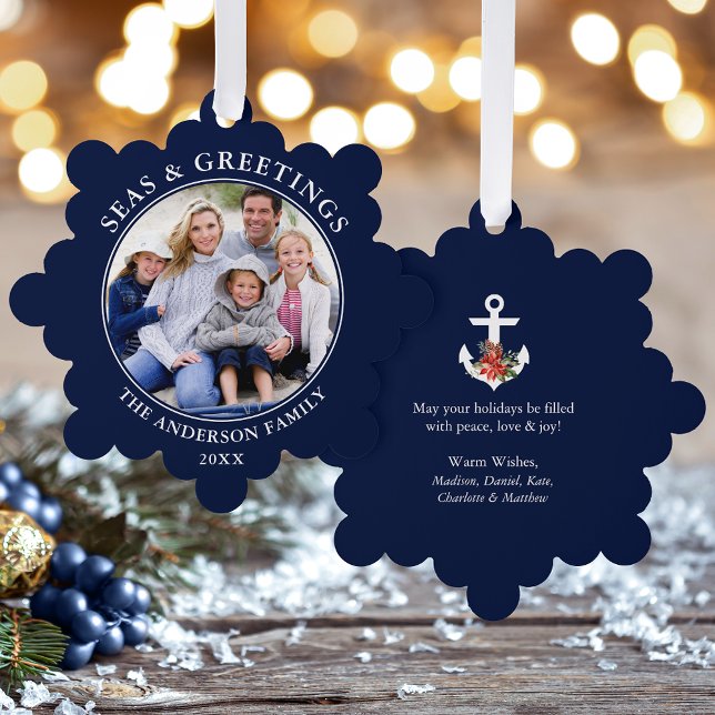 Seas and Greetings Photo Poinsettia Anchor Blue Ornament Card (A greeting card that is also an ornament! Customize with your photo and personalized text.)