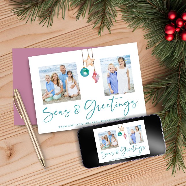 Seas and Greetings Pink Shell Holiday Photo (Seas and Greetings Pink Shell Holiday Photo Card)
