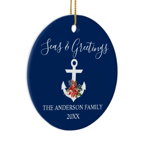 Seas and Greetings Poinsettia Anchor PHOTO BACK Ceramic Ornament