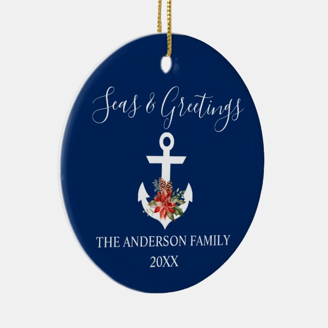 Seas and Greetings Poinsettia Anchor PHOTO BACK Ceramic Ornament (Right)