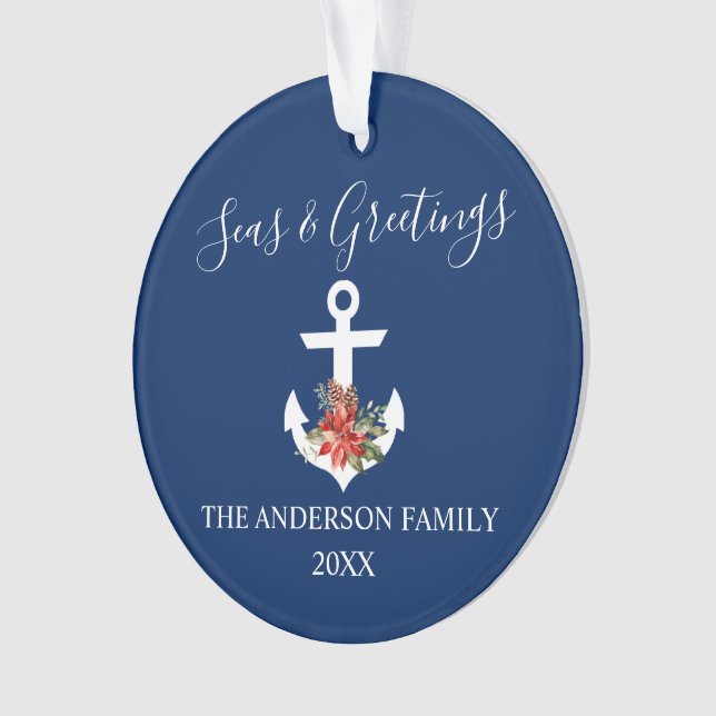 Seas and Greetings Poinsettia Anchor PHOTO BACK Ornament (Front)