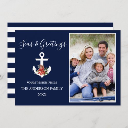 Seas and Greetings Poinsettia Anchor Photo Striped Holiday Card