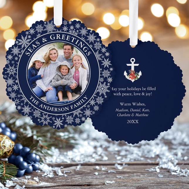 Seas and Greetings Poinsettia Anchor Snowflakes Ornament Card (A greeting card that is also an ornament! Customize with your photo and personalized text.)