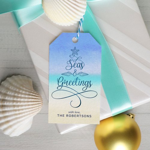 Seas and Greetings Script Christmas Beach Gift Tags