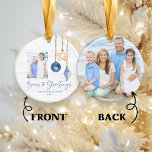 Seas and Greetings Seashell Holiday Photo Ceramic Ornament<br><div class="desc">Seas and Greetings Seashell Ornament on Coastal Wood Holiday Christmas Photo Ornaments featuring ocean navy blue and sandy tan shell ornaments hanging from sailing jute rope on coastal shiplap wood with elegant typography. Add two of your photos and a personal message for a fun nautical holiday ornament or gift. Please...</div>