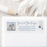 Seas and Greetings Seashell Nautical Wood Photo Label<br><div class="desc">Seas and Greetings Seashell Ornament on Coastal Wood Holiday Christmas Photo Return Address Labels featuring ocean navy blue and sandy tan shell ornaments hanging from sailing jute rope on coastal shiplap wood with elegant typography. Add your photo and return address for a fun nautical holiday address label. Please contact us...</div>