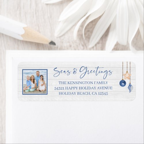 Seas and Greetings Seashell Nautical Wood Photo Label