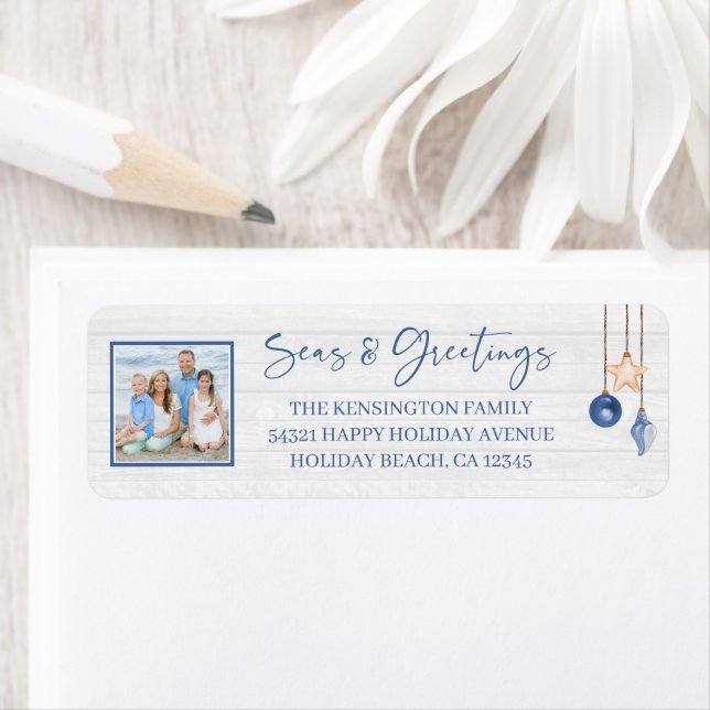 Seas and Greetings Seashell Nautical Wood Photo Label (Insitu)