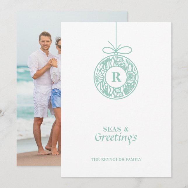 Seas and Greetings Seashell Ornament Holiday Card (Front/Back)