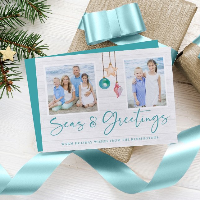 Seas and Greetings Seashell Ornament Holiday Photo Card (Creator Uploaded)