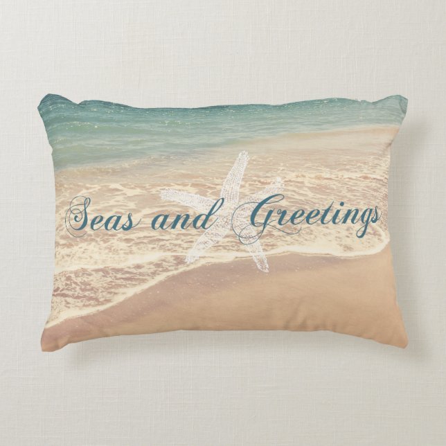 Seas and Greetings Seasons Greetings Beach Decorative Pillow (Front)