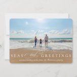 Seas and Greetings Single Photo Nautical Holiday Card<br><div class="desc">"Seas and Greetings" nautical themed Christmas holiday card. Card features elegant calligraphy "and" with navy blue and white stripe pattern backing.</div>
