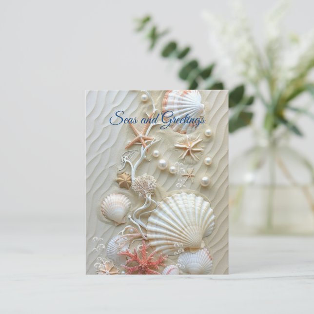 Seas and Greetings Starfish Pink Coral Pearls  Card (Standing Front)