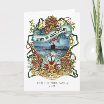Seas And Greetings Submarine Christmas Card Gold by TheSubmarinersBride at Zazzle