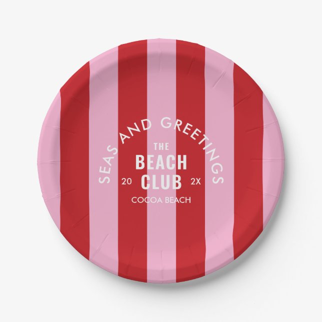 Seas And Greetings The Beach Club Pink Red Stripe Paper Plates (Front)