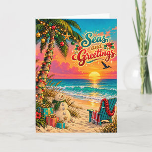 Seas and Greetings Tropical Beach Sunset Sand Snow Holiday Card