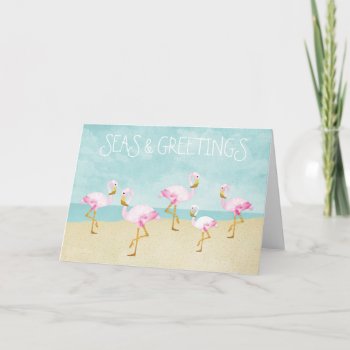 Seas And Greetings Watercolor Pink Flamingos Holiday Card by Charmalot at Zazzle