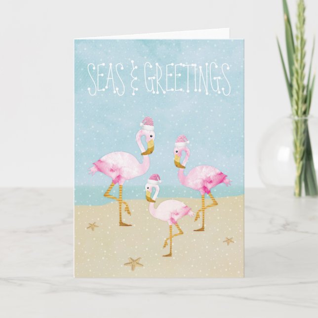 Seas and Greetings Watercolor Pink Flamingos Holiday Card (Front)