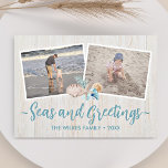 Seas & Greetings 5 Photo Beach Vacation Seashells Holiday Card<br><div class="desc">Use 5 of your favorite beach vacation photos to create a beautiful, fun Christmas card. "Seas and Greetings" is on the front with your customized message at the bottom on a light, coastal wood print. Seashells and starfish accent your beachy themed photos. The back also features the wood print along...</div>