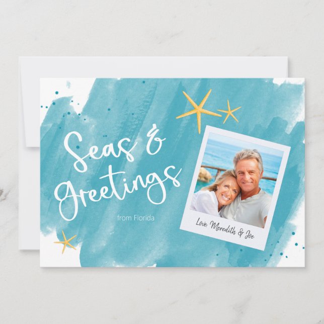 Seas & Greetings Aqua Teal Watercolor Holiday Card (Front)
