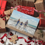 Seas & Greetings Beach Family Photo Christmas Card<br><div class="desc">Christmas greeting card in a beach-inspired "Seas & Greetings" photo design. Customized with your photo and your family's name. This beach Christmas card reverses to a blue and white nautical stripe design on the back.</div>