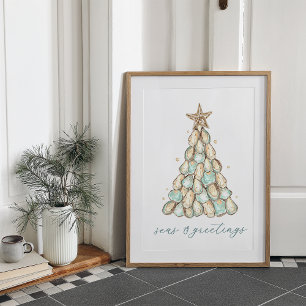 "Seas & Greetings" Beach House Christmas Oyster Poster