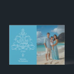 Seas & Greetings Beach Photo Christmas  Holiday Card<br><div class="desc">Seas & Greetings Beach Photo Christmas Card.   A decorate tree design with flourishes and waves with the text “Seas & Greetings.”  You can choose your own background color to complement your photo.  Personalize the template with the year and your signature line.</div>