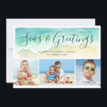Seas & Greetings Beach Photo Holiday Card<br><div class="desc">Send warm season's greetings with this beach-themed Christmas card. The coastal holiday photo cards features a sea green watercolor wave upon a sandy shore. Pretty script reads "Seas & Greetings" in blue-green calligraphy lettering. Three photos are located below the painted wave. To personalize, add your names and three favorite photos....</div>