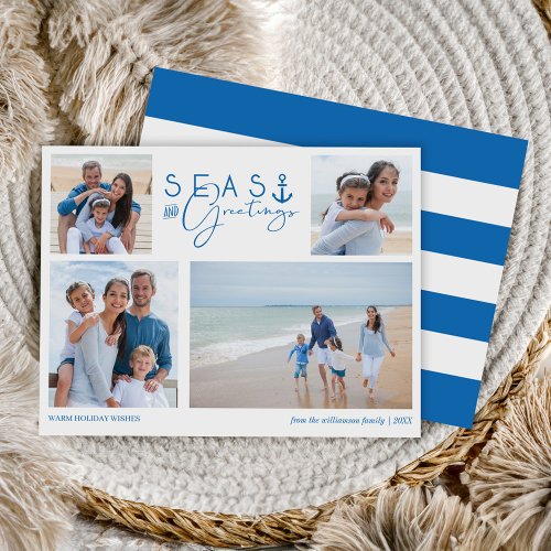 Seas  Greetings Blue Nautical Multiple Photo Holiday Card