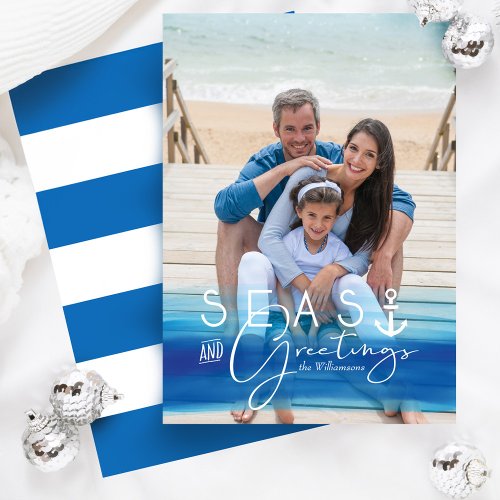 Seas  Greetings Coastal Blue Ocean Ombre Photo Holiday Card