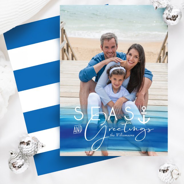 Seas & Greetings Coastal Blue Ocean Ombre Photo Holiday Card (Seas & Greetings Coastal Blue Ocean Ombre Photo Holiday Card)