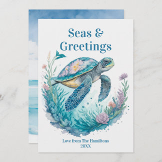 Seas & Greetings Coastal Christmas Watercolor Holiday Card