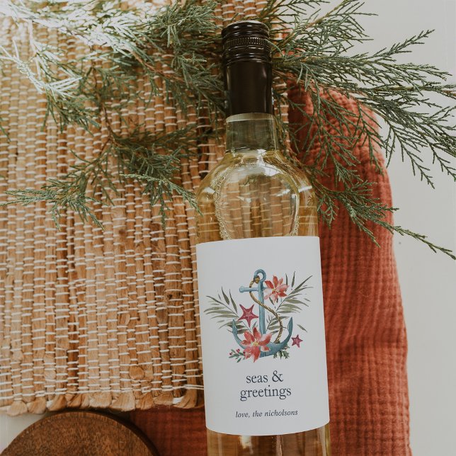 Seas & Greetings | Coastal Holiday Personalized Wine Label (Creator Uploaded)