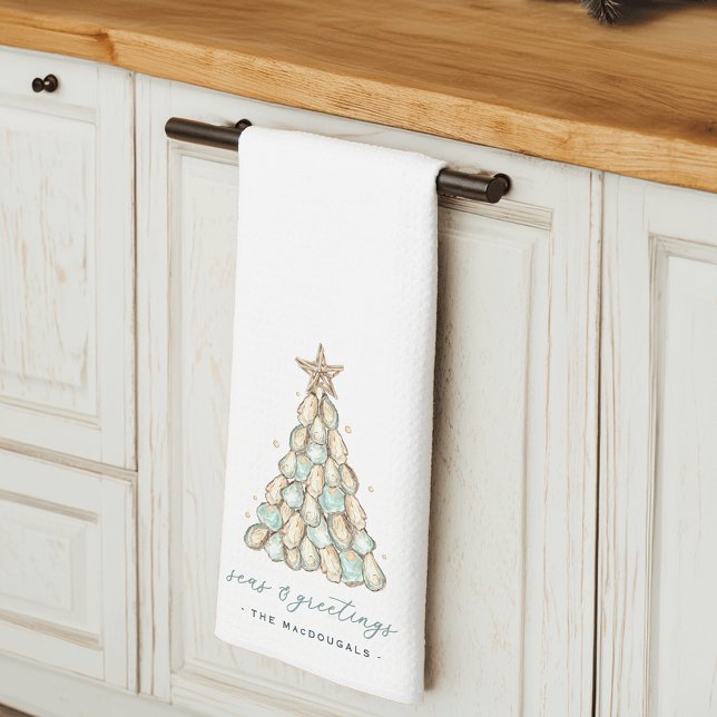 "Seas & Greetings" Coastal Oyster Christmas Tree Kitchen Towel (Creator Uploaded)