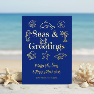 Seas & Greetings Coastal Typography Christmas Foil Holiday Card
