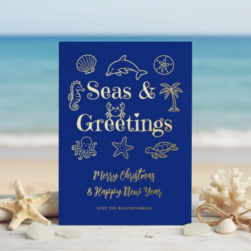 Seas & Greetings Coastal Typography Christmas Foil Holiday Card