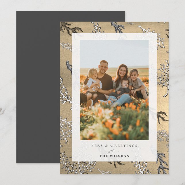 Seas & Greetings Coral Gold Holiday Photo Card (Front/Back)