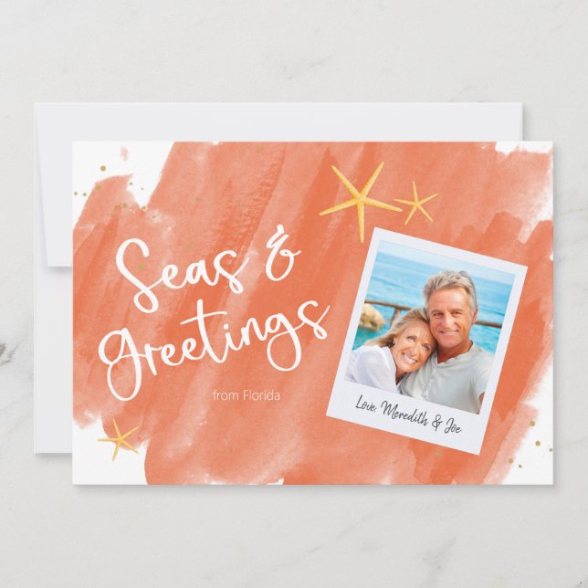 Seas & Greetings Coral & Gold Watercolor Holiday (Front)