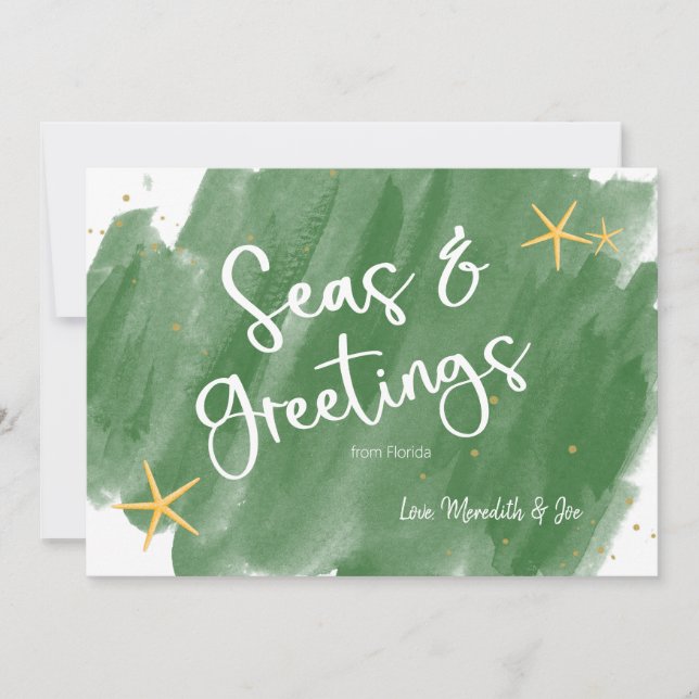 Seas & Greetings Green & Gold Watercolor Holiday (Front)