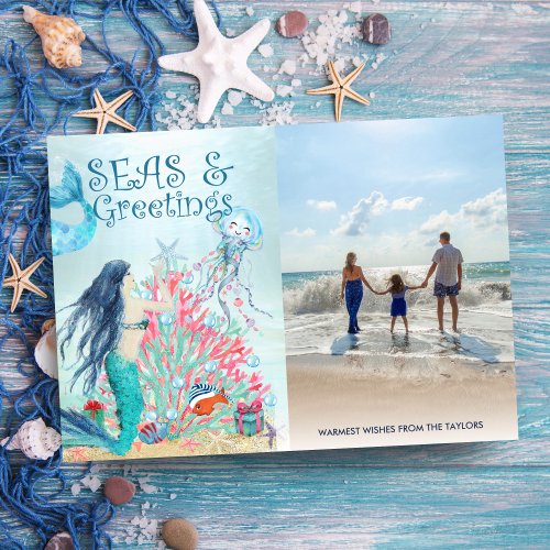 Seas  Greetings Mermaid Christmas Tree Holiday Card