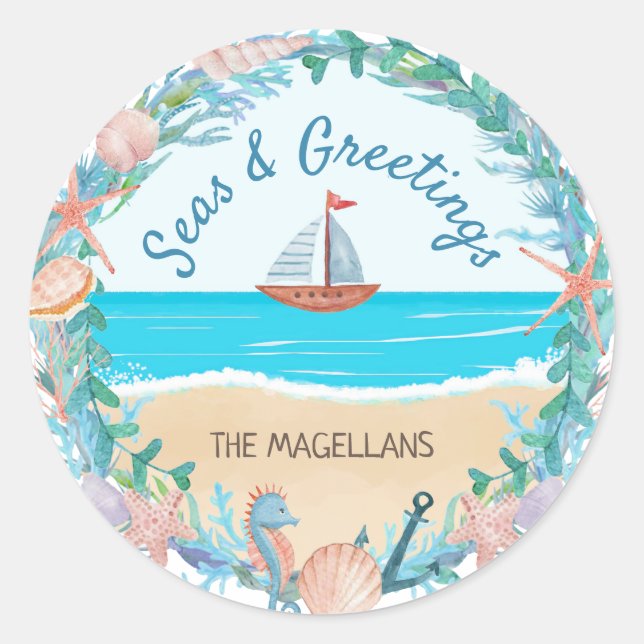 Seas & Greetings Nautical Beach Wreath Classic Round Sticker (Front)