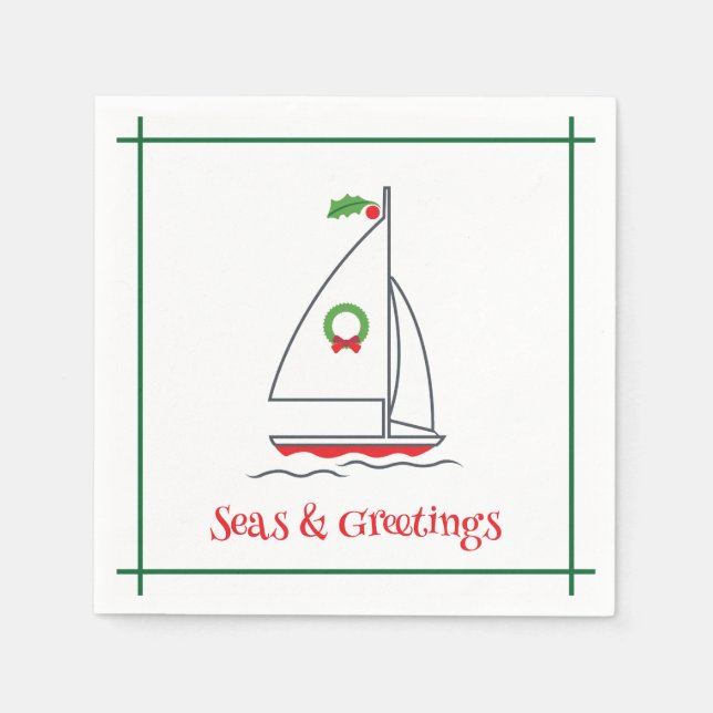 Seas & Greetings Nautical Holiday Napkin Red Green (Front)