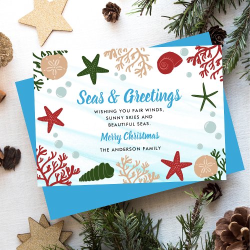 Seas  Greetings Nautical Ocean Beach Blue Holiday Card