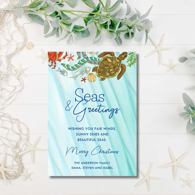 Seas & Greetings Nautical Ocean Beach Christmas Holiday Card (Creator Uploaded)
